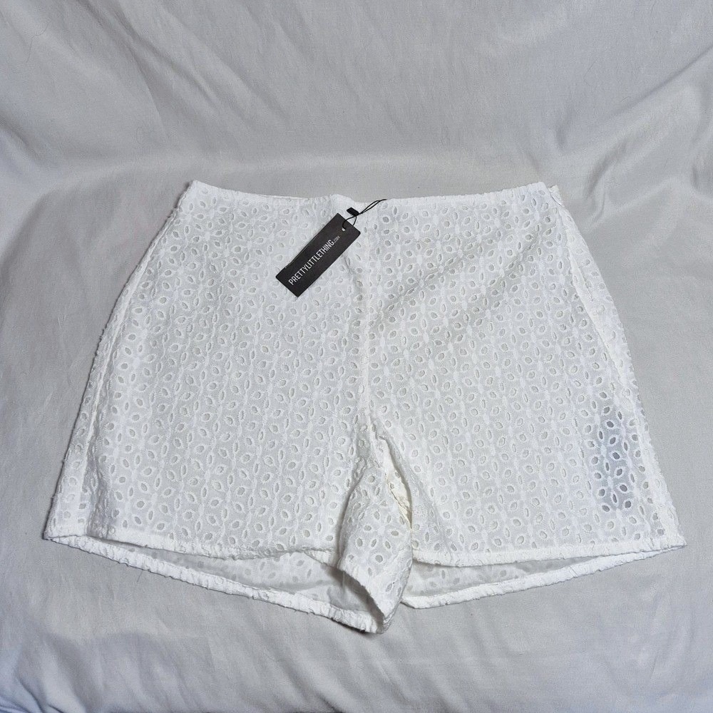 Pretty Little Thing White Broderie Anglais High Waist Eyelet Shorts Womens 0